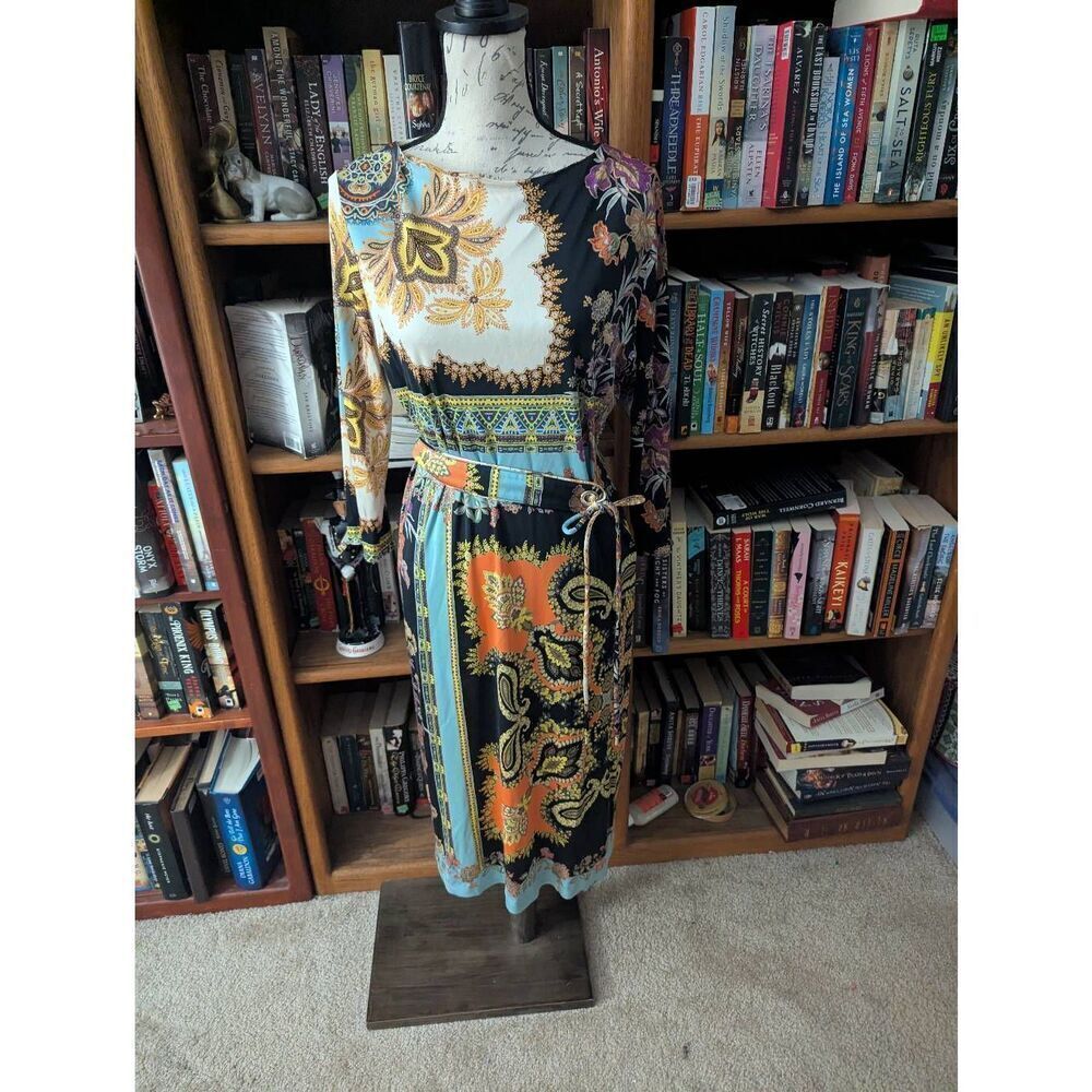 Etro Milano Women's Size 44 Black Silk Multi Printed Jersey Midi Dress Italy